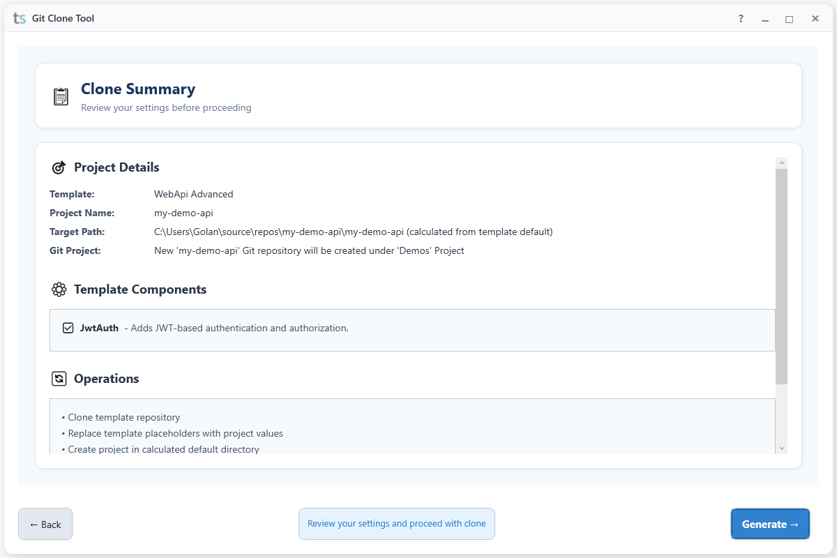 Clone Summary Interface